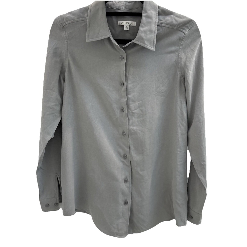 Orvis 100% silk long sleeve collared button up blouse Khaki Green women's S EUC